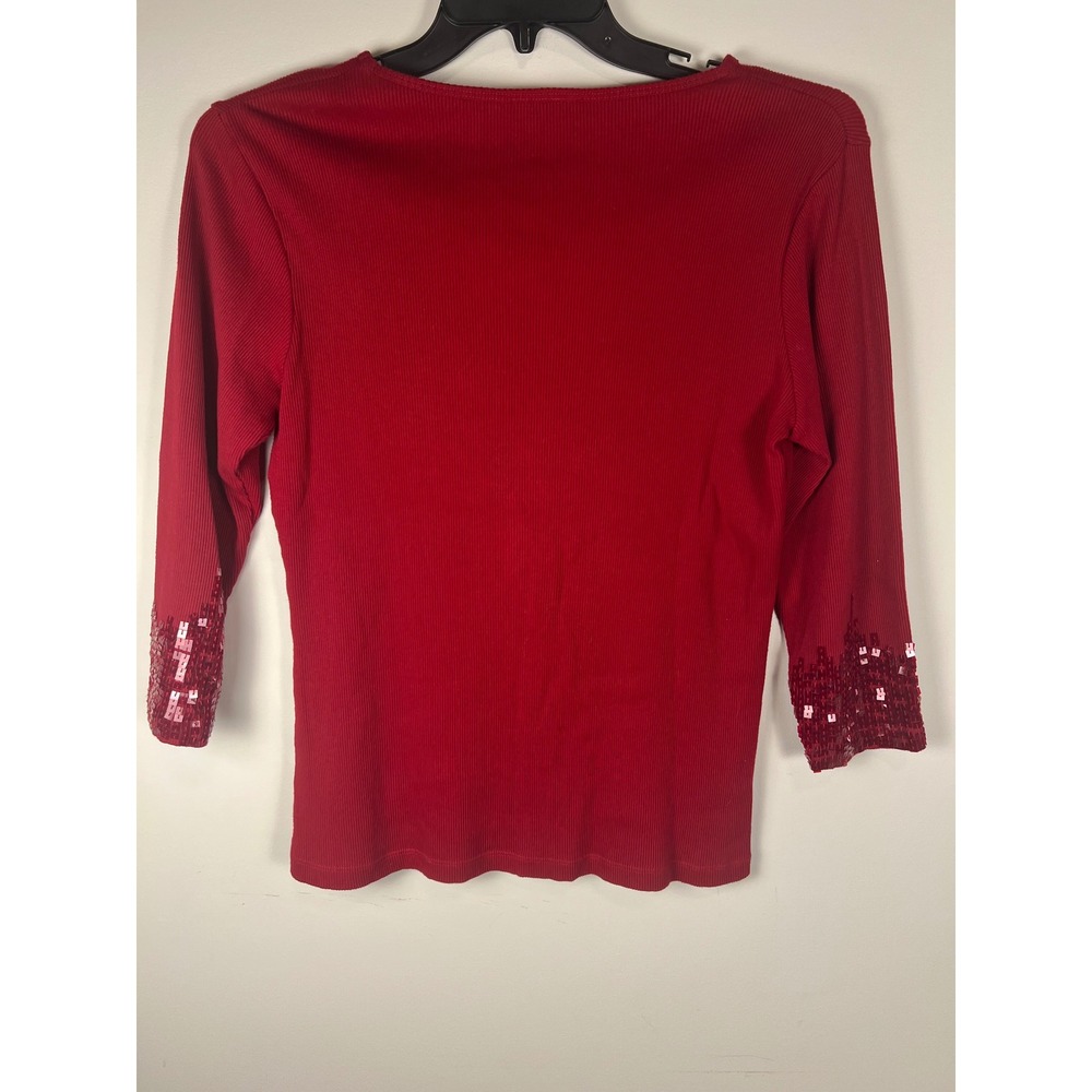 Coldwater Creek Red Ribbed 3/4 Sleeve Top Sequin Embellished Cuff Women's M‎ - Picture 4 of 8